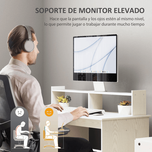 HOMCOM Secretária Moderna com Prateleiras Secretária com Compartimentos Abertos e Suporte para Monitor Mesa de Estudo para Dormitório Escritório 108x50x94 cm Creme