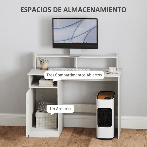 HOMCOM Secretária Moderna com Prateleiras Secretária com Compartimentos Abertos e Suporte para Monitor Mesa de Estudo para Dormitório Escritório 108x50x94 cm Creme