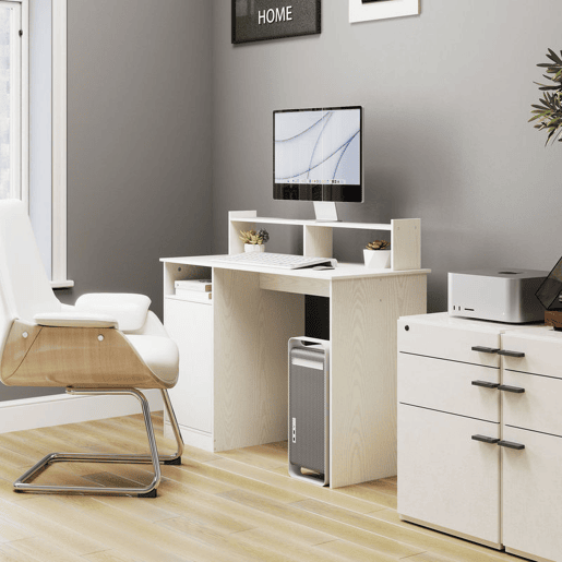 HOMCOM Secretária Moderna com Prateleiras Secretária com Compartimentos Abertos e Suporte para Monitor Mesa de Estudo para Dormitório Escritório 108x50x94 cm Creme