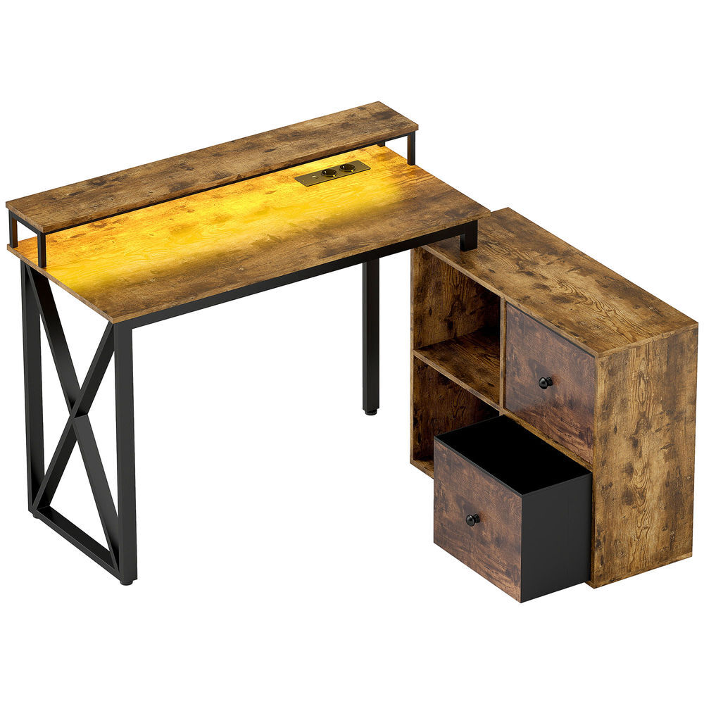 Homcom escritorio esquinero con luces led escritorio en forma de l con estación de carga 2 compartimentos 2 cajones de tela soporte para monitor para oficina en casa marrón rústico