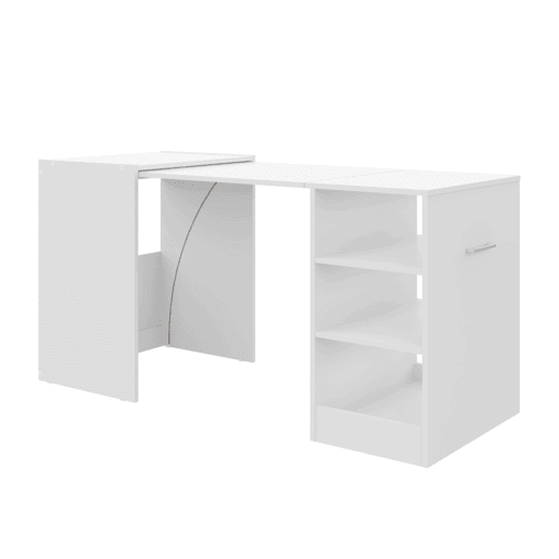 Mesa de escritório Ashe em branco fosco com 3 prateleiras retráteis em melamina 149x76x63 cm
