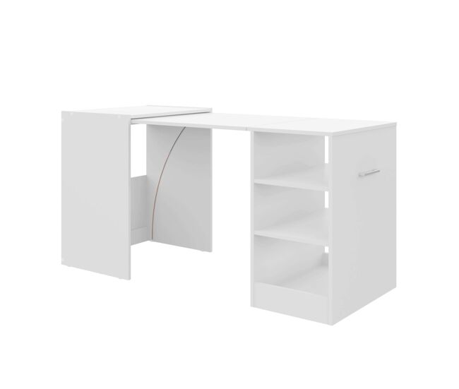 Mesa escritorio ashe de oficina en color blanco mate con 3 estantes retráctil en melamina 149x76x63 cm
