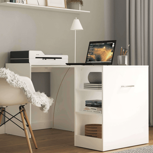 Mesa de escritório Ashe em branco fosco com 3 prateleiras retráteis em melamina 149x76x63 cm