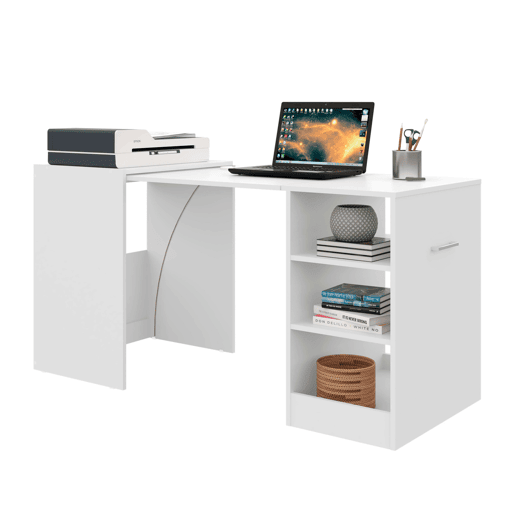 Mesa de escritório Ashe em branco fosco com 3 prateleiras retráteis em melamina 149x76x63 cm