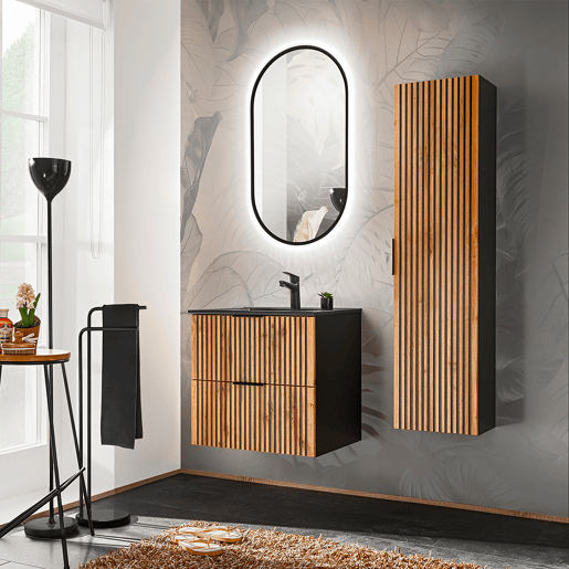 Móvel lavatório simples 60cm Gaia madeira e preto lavatório preto