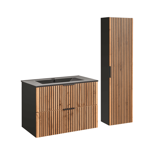 Conjunto móvel lavatório simples encastrado 80cm e coluna Gaia Madeira e Preto lavatório Preto