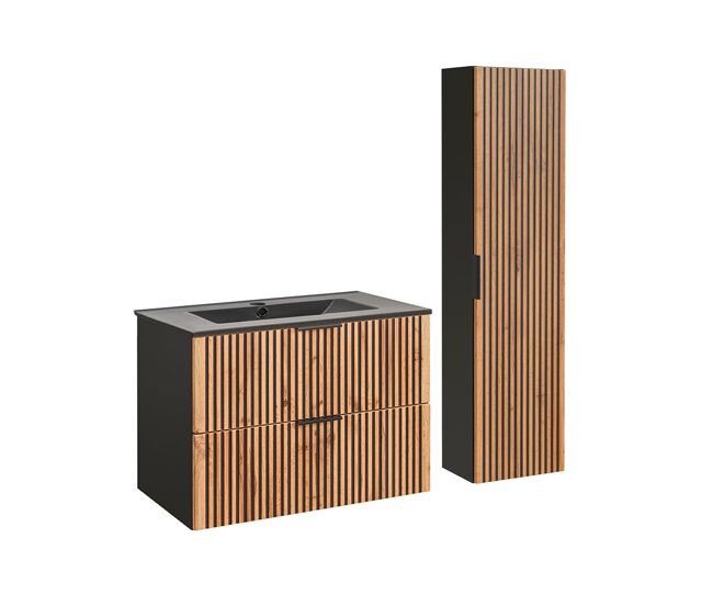 Conjunto mueble lavabo individual encastrado 80cm y columna gaia madera y negro - lavabo negro