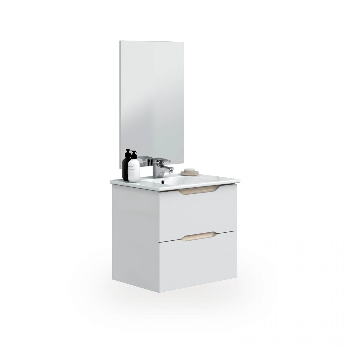 Mueble de baño suspendido de 2 cajones y espejo en blanco y roble 45x60 cm nexa blanco - roble 60 x 57 x 45 cm
