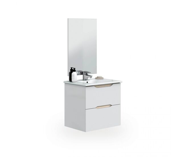 Mueble de baño suspendido de 2 cajones y espejo en blanco y roble 45x60 cm nexa blanco - roble 60 x 57 x 45 cm