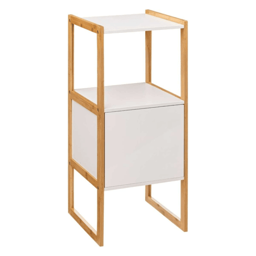 Móvel auxiliar de banheiro estilo nórdico Natureo em branco e bambu com 1 porta e 1 prateleira aberta 33x80x33 cm