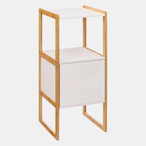Móvel auxiliar de banheiro estilo nórdico Natureo em branco e bambu com 1 porta e 1 prateleira aberta 33x80x33 cm
