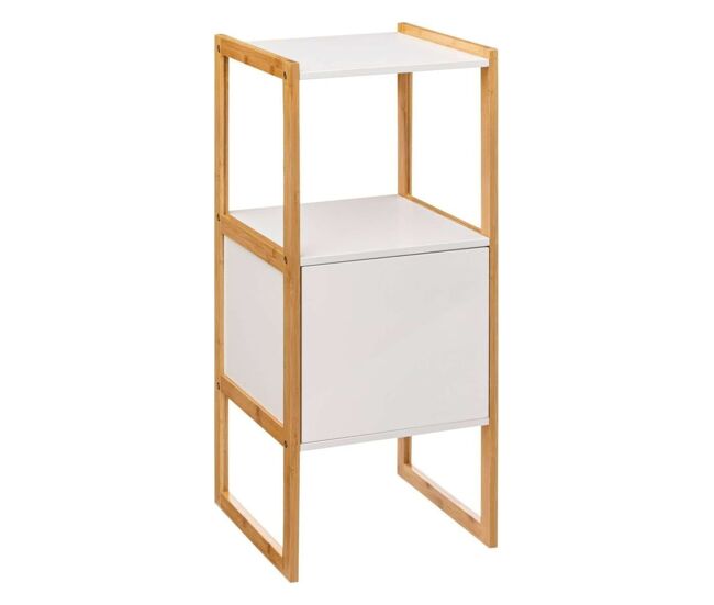 Mueble auxiliar natureo de baño estilo nórdico en color blanco y bambú con 1 puerta y 1 estante abierto 33x80x33 cm