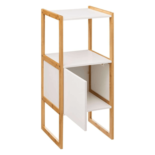 Móvel auxiliar de banheiro estilo nórdico Natureo em branco e bambu com 1 porta e 1 prateleira aberta 33x80x33 cm