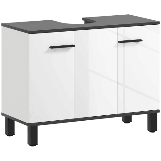 HOMCOM Móvel para Lavatório Pousar Móvel para Lavatório Pedestral Móvel Casa de Banho com 2 Portas e Prateleira Ajustável para Lavatório com ou sem Pedestral 80x34x60 cm Branco Brilhante