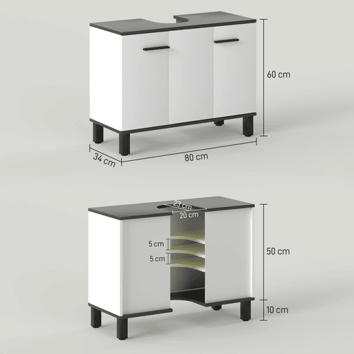 HOMCOM Móvel para Lavatório Pousar Móvel para Lavatório Pedestral Móvel Casa de Banho com 2 Portas e Prateleira Ajustável para Lavatório com ou sem Pedestral 80x34x60 cm Branco Brilhante