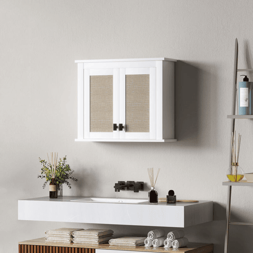 HOMCOM Armário de Parede para Casa de Banho Móvel Casa de Banho Suspenso Armário de Parede para Armazenamento com 2 Portas de Vime PE Prateleira Ajustável 60x19,5x49,4 cm Branco