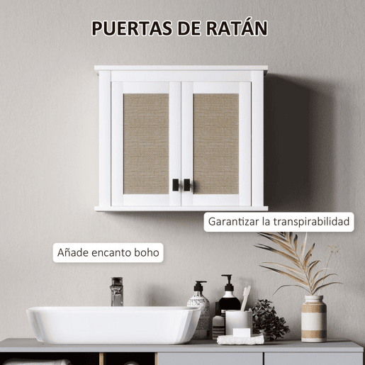 HOMCOM Armário de Parede para Casa de Banho Móvel Casa de Banho Suspenso Armário de Parede para Armazenamento com 2 Portas de Vime PE Prateleira Ajustável 60x19,5x49,4 cm Branco