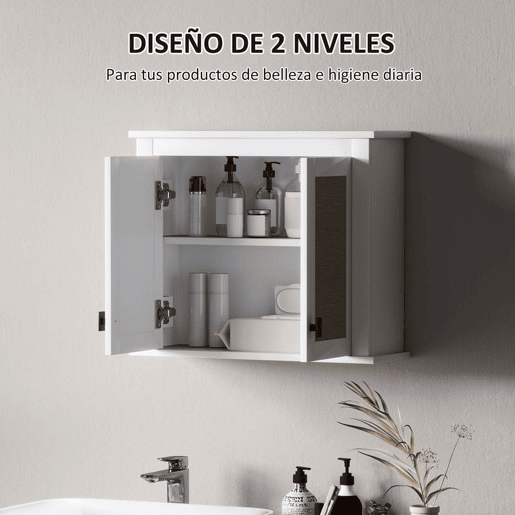 HOMCOM Armário de Parede para Casa de Banho Móvel Casa de Banho Suspenso Armário de Parede para Armazenamento com 2 Portas de Vime PE Prateleira Ajustável 60x19,5x49,4 cm Branco