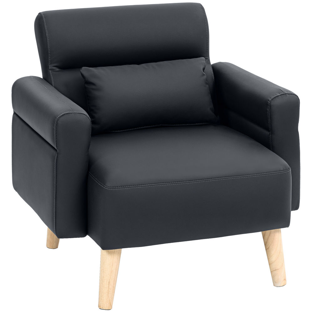 Homcom sillón de salón tapizado en cuero sintético butaca de salón de 77 cm con reposabrazos acolchado grueso respaldo acanalado y patas de madera para dormitorio sala de estar negro