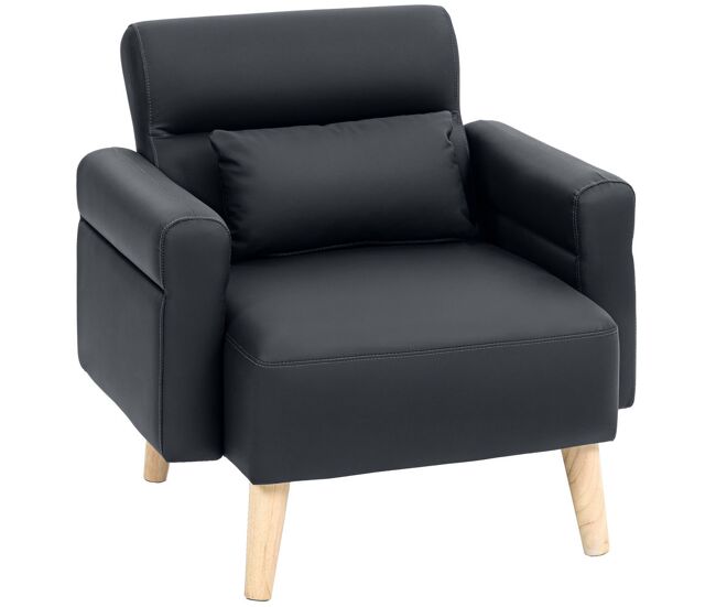 Homcom sillón de salón tapizado en cuero sintético butaca de salón de 77 cm con reposabrazos acolchado grueso respaldo acanalado y patas de madera