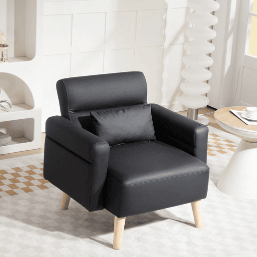 HOMCOM Poltrona Moderna Estofada em Couro Sintético com Apoios de Braço Acolchoados Encosto com Costuras e Pés em Madeira para Dormitório 77x78x78 cm Preto
