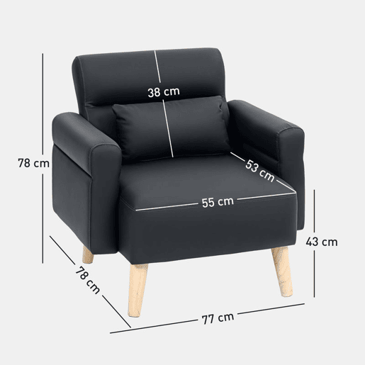 HOMCOM Poltrona Moderna Estofada em Couro Sintético com Apoios de Braço Acolchoados Encosto com Costuras e Pés em Madeira para Dormitório 77x78x78 cm Preto