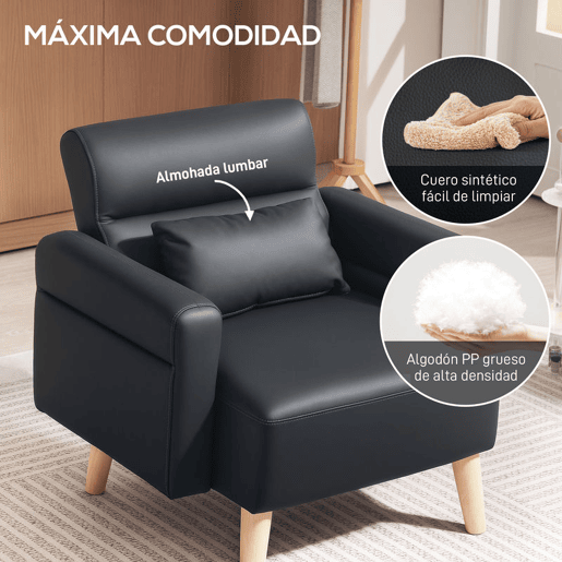HOMCOM Poltrona Moderna Estofada em Couro Sintético com Apoios de Braço Acolchoados Encosto com Costuras e Pés em Madeira para Dormitório 77x78x78 cm Preto
