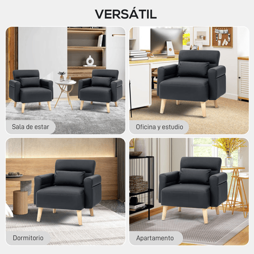 HOMCOM Poltrona Moderna Estofada em Couro Sintético com Apoios de Braço Acolchoados Encosto com Costuras e Pés em Madeira para Dormitório 77x78x78 cm Preto