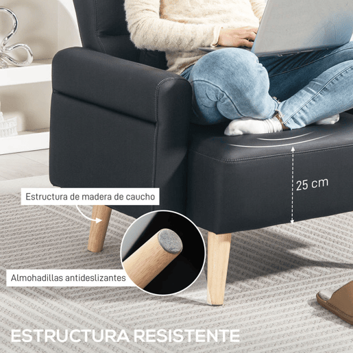 HOMCOM Poltrona Moderna Estofada em Couro Sintético com Apoios de Braço Acolchoados Encosto com Costuras e Pés em Madeira para Dormitório 77x78x78 cm Preto