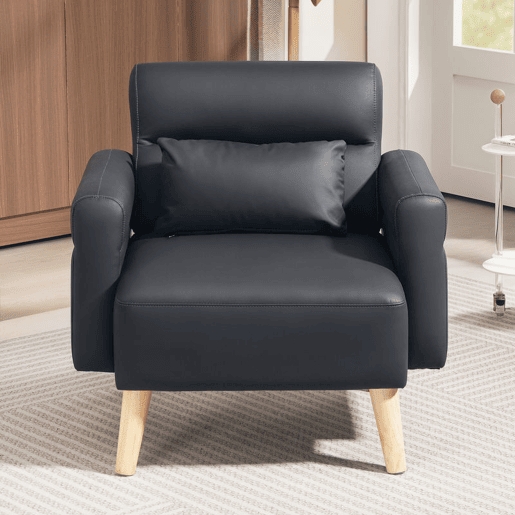 HOMCOM Poltrona Moderna Estofada em Couro Sintético com Apoios de Braço Acolchoados Encosto com Costuras e Pés em Madeira para Dormitório 77x78x78 cm Preto