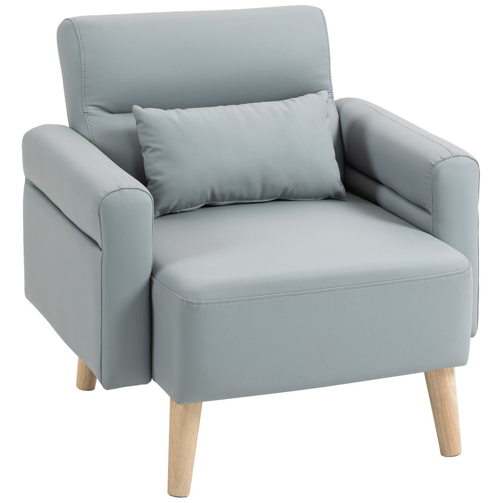Homcom sillón de salón tapizado en cuero sintético butaca de salón de 77 cm con reposabrazos acolchado grueso respaldo acanalado y patas de madera para dormitorio sala de estar gris