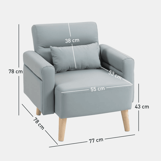 HOMCOM Poltrona Moderna Estofada em Couro Sintético com Apoios de Braço Acolchoados Encosto com Costuras e Pés em Madeira para Dormitório 77x78x78 cm Cinzento