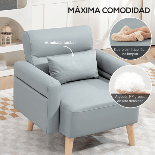 HOMCOM Poltrona Moderna Estofada em Couro Sintético com Apoios de Braço Acolchoados Encosto com Costuras e Pés em Madeira para Dormitório 77x78x78 cm Cinzento