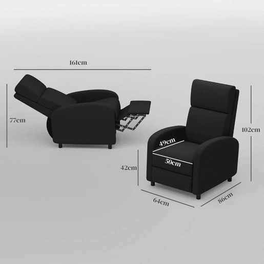 HOMCOM Poltrona Relax Reclinável até 160° Poltrona Reclinável Manual com Apoio para os Pés Carga Máxima 120 kg para Sala de Estar Dormitório 64x86x102 cm Preto