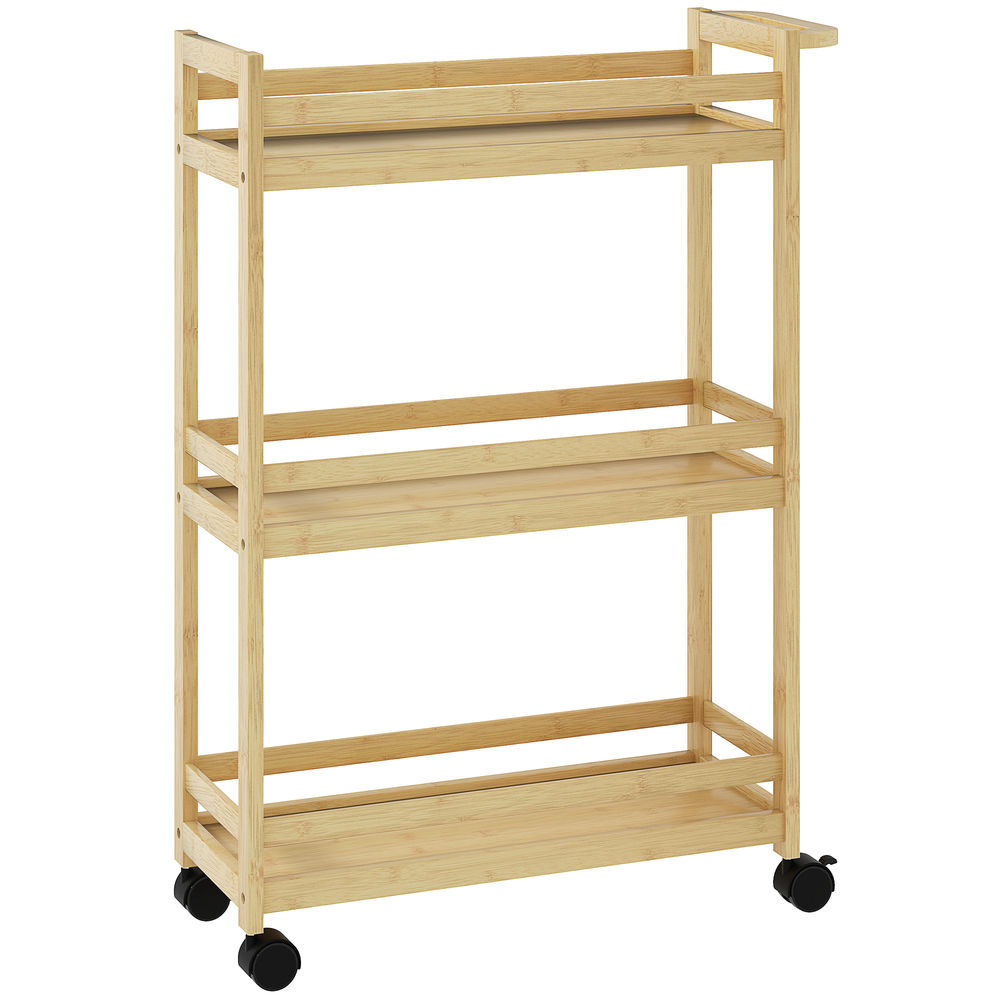 Homcom estantería de baño de bambú de 3 niveles carrito auxiliar de almacenaje con ruedas para salón cocina 55x20x75 cm natural