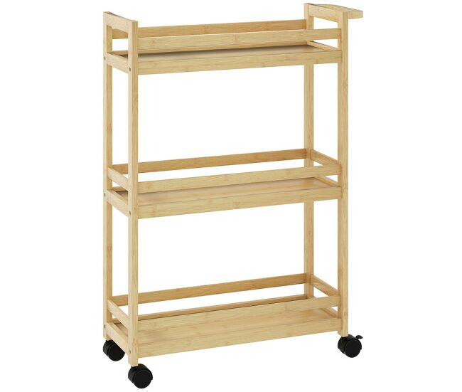 Homcom estantería de baño de bambú de 3 niveles carrito auxiliar de almacenaje con ruedas para salón cocina 55x20x75 cm natural