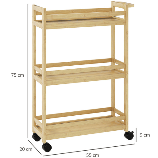 HOMCOM Carrinho para Casa de Banho de Bambu com 3 Níveis Carrinho de Arrumação com Rodas para Casa de Banho Cozinha 55x20x75 cm Madeira