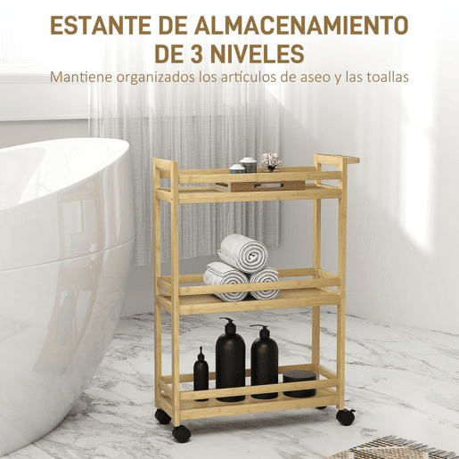 HOMCOM Carrinho para Casa de Banho de Bambu com 3 Níveis Carrinho de Arrumação com Rodas para Casa de Banho Cozinha 55x20x75 cm Madeira