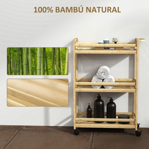 HOMCOM Carrinho para Casa de Banho de Bambu com 3 Níveis Carrinho de Arrumação com Rodas para Casa de Banho Cozinha 55x20x75 cm Madeira