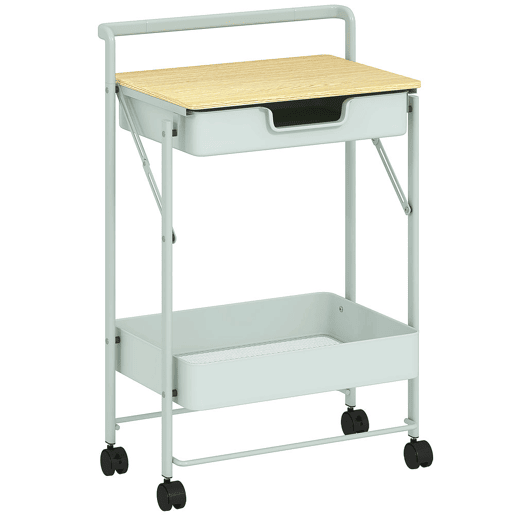 HOMCOM Carrinho Auxiliar com Rodas de 2 Níveis Carrinho de Cozinha com 1 Gaveta e 1 Cesto Carrinho Organizador para Dormitorio Sala Escritório 45x29,5x68 cm Verde Claro