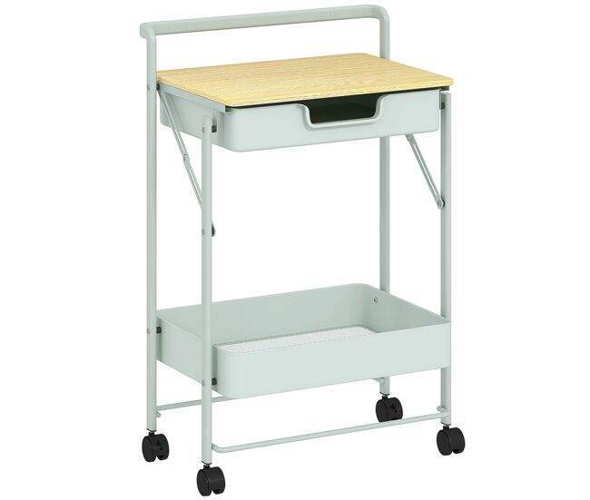 Homcom carrito auxiliar con ruedas de 2 niveles carro de cocina con 1 cajón y 1 cesta carrito organizador para dormitorio salón oficina verde claro