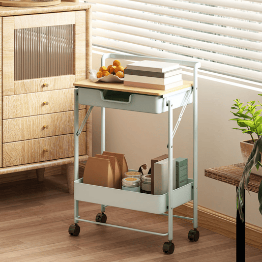 HOMCOM Carrinho Auxiliar com Rodas de 2 Níveis Carrinho de Cozinha com 1 Gaveta e 1 Cesto Carrinho Organizador para Dormitorio Sala Escritório 45x29,5x68 cm Verde Claro