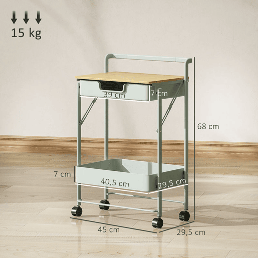 HOMCOM Carrinho Auxiliar com Rodas de 2 Níveis Carrinho de Cozinha com 1 Gaveta e 1 Cesto Carrinho Organizador para Dormitorio Sala Escritório 45x29,5x68 cm Verde Claro