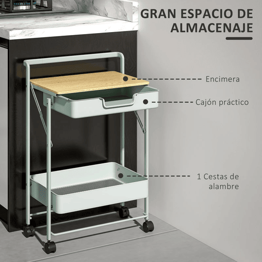 HOMCOM Carrinho Auxiliar com Rodas de 2 Níveis Carrinho de Cozinha com 1 Gaveta e 1 Cesto Carrinho Organizador para Dormitorio Sala Escritório 45x29,5x68 cm Verde Claro