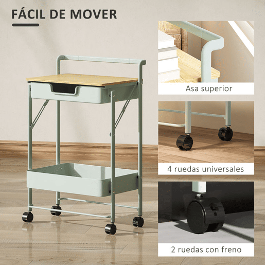 HOMCOM Carrinho Auxiliar com Rodas de 2 Níveis Carrinho de Cozinha com 1 Gaveta e 1 Cesto Carrinho Organizador para Dormitorio Sala Escritório 45x29,5x68 cm Verde Claro