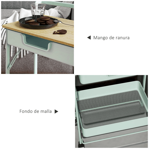 HOMCOM Carrinho Auxiliar com Rodas de 2 Níveis Carrinho de Cozinha com 1 Gaveta e 1 Cesto Carrinho Organizador para Dormitorio Sala Escritório 45x29,5x68 cm Verde Claro