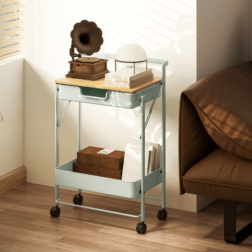 HOMCOM Carrinho Auxiliar com Rodas de 2 Níveis Carrinho de Cozinha com 1 Gaveta e 1 Cesto Carrinho Organizador para Dormitorio Sala Escritório 45x29,5x68 cm Verde Claro
