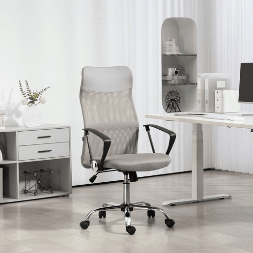 HOMCOM Cadeira de Escritório Cadeira de Secretária de Tecido de Malha Encosto para a Cabeça de PU Mecanismo de Inclinação de Encosto Alto Carga de 120 kg 63x65x109-119 cm Cinza