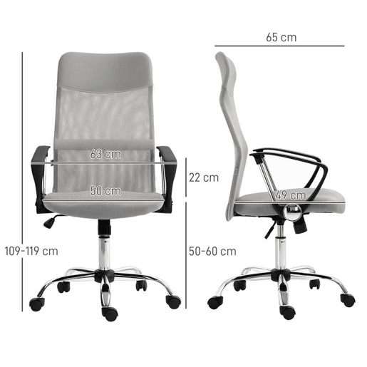 HOMCOM Cadeira de Escritório Cadeira de Secretária de Tecido de Malha Encosto para a Cabeça de PU Mecanismo de Inclinação de Encosto Alto Carga de 120 kg 63x65x109-119 cm Cinza