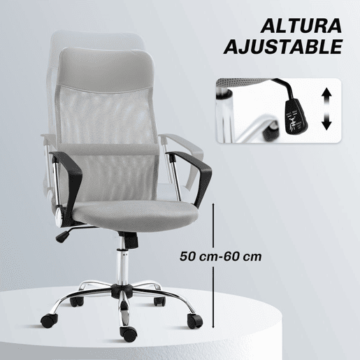 HOMCOM Cadeira de Escritório Cadeira de Secretária de Tecido de Malha Encosto para a Cabeça de PU Mecanismo de Inclinação de Encosto Alto Carga de 120 kg 63x65x109-119 cm Cinza